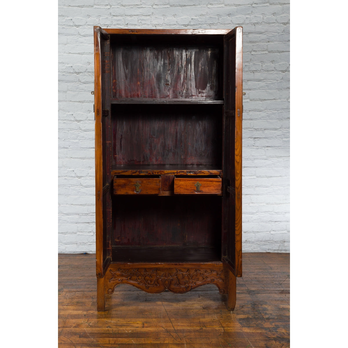 Chinese 19th Century Qing Dynasty Cabinet with Brown Finish and Carved Apron-4. Asian & Chinese Furniture, Art, Antiques, Vintage Home Décor for sale at FEA Home