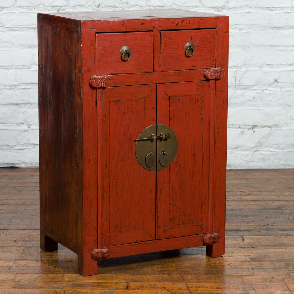 19th Century Qing Dynasty Red Lacquer Small Cabinet with Doors and Drawers-3. Asian & Chinese Furniture, Art, Antiques, Vintage Home Décor for sale at FEA Home
