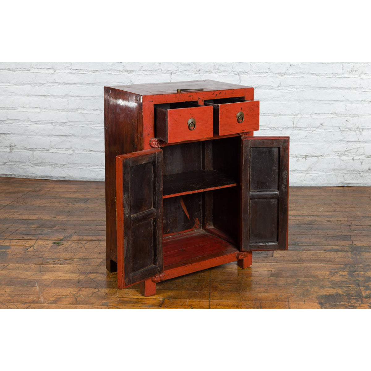 19th Century Qing Dynasty Red Lacquer Small Cabinet with Doors and Drawers-12. Asian & Chinese Furniture, Art, Antiques, Vintage Home Décor for sale at FEA Home