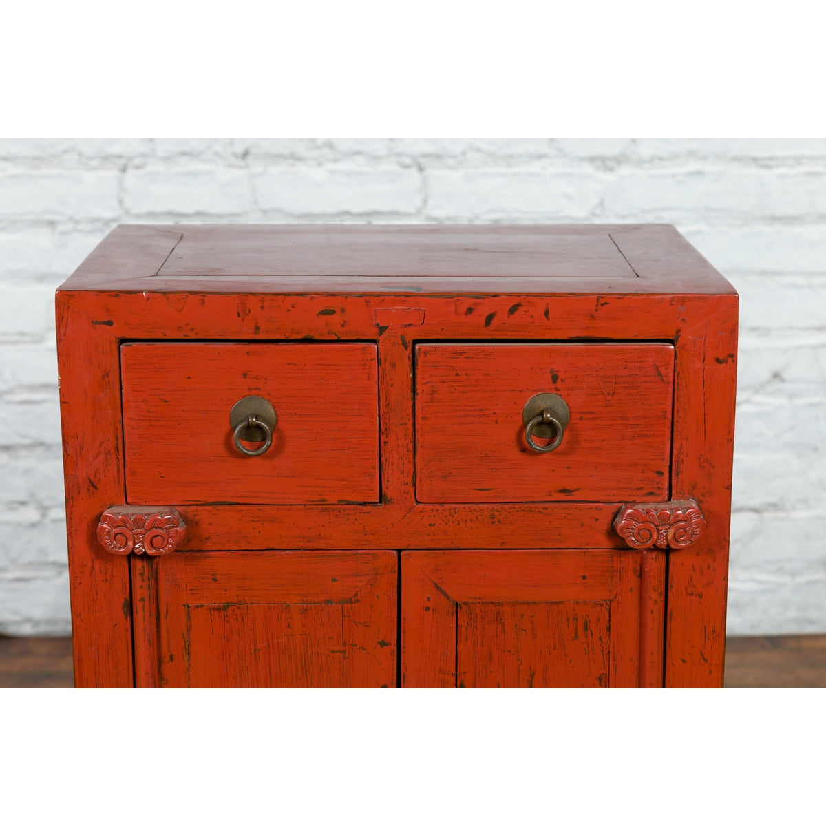 19th Century Qing Dynasty Red Lacquer Small Cabinet with Doors and Drawers-5. Asian & Chinese Furniture, Art, Antiques, Vintage Home Décor for sale at FEA Home