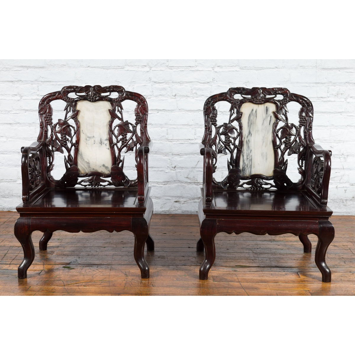 Pair of Chinese Hand Carved Rosewood Armchairs with Marble Splat and Dark Patina-2. Asian & Chinese Furniture, Art, Antiques, Vintage Home Décor for sale at FEA Home