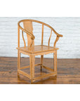Ming Style Chinese Natural Wood Horseshoe Armchair with Carved Splat and Apron-3. Asian & Chinese Furniture, Art, Antiques, Vintage Home Décor for sale at FEA Home