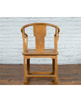 Ming Style Chinese Natural Wood Horseshoe Armchair with Carved Splat and Apron-11. Asian & Chinese Furniture, Art, Antiques, Vintage Home Décor for sale at FEA Home