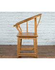 Ming Style Chinese Natural Wood Horseshoe Armchair with Carved Splat and Apron-5. Asian & Chinese Furniture, Art, Antiques, Vintage Home Décor for sale at FEA Home