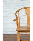 Ming Style Chinese Natural Wood Horseshoe Armchair with Carved Splat and Apron-8. Asian & Chinese Furniture, Art, Antiques, Vintage Home Décor for sale at FEA Home