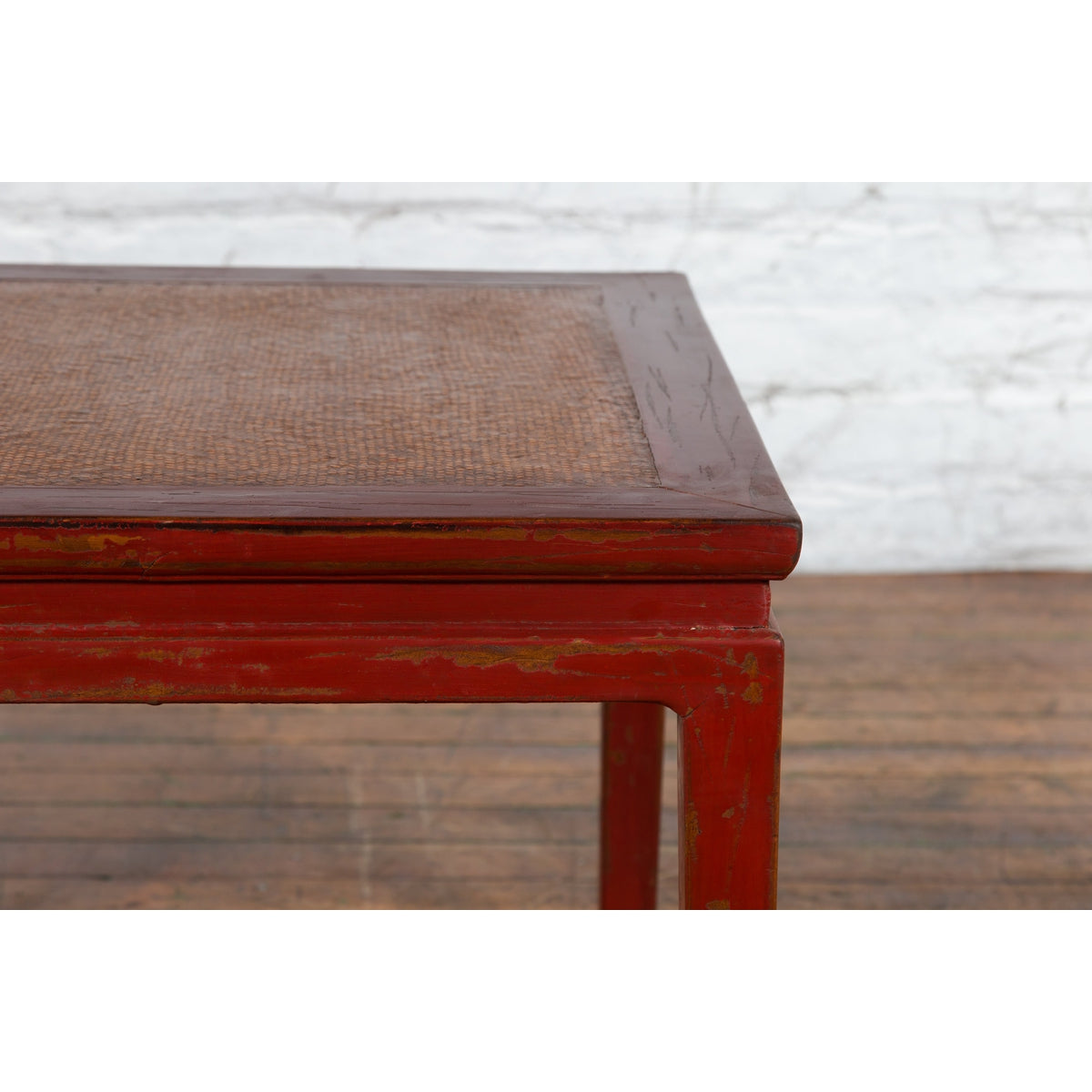 Chinese Qing Dynasty 19th Century Red Lacquer Side Table with Woven Rattan Top-9. Asian & Chinese Furniture, Art, Antiques, Vintage Home Décor for sale at FEA Home