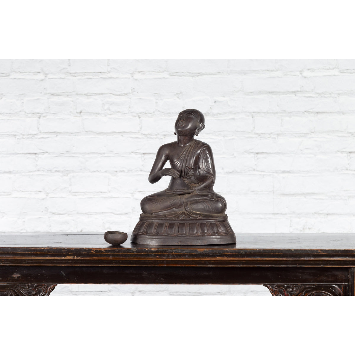 Bronze Lost Wax Sculpture Depicting a Praying Buddhist Monk with Offering Bowl-9. Asian & Chinese Furniture, Art, Antiques, Vintage Home Décor for sale at FEA Home