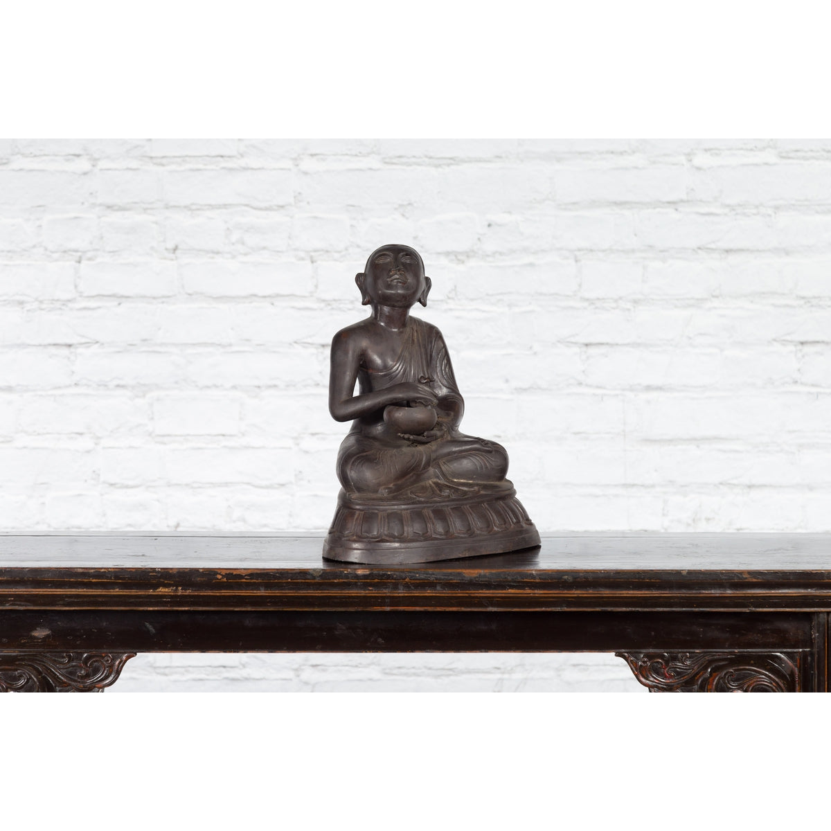 Bronze Lost Wax Sculpture Depicting a Praying Buddhist Monk with Offering Bowl-10. Asian & Chinese Furniture, Art, Antiques, Vintage Home Décor for sale at FEA Home