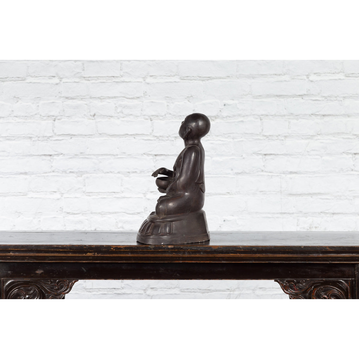 Bronze Lost Wax Sculpture Depicting a Praying Buddhist Monk with Offering Bowl-13. Asian & Chinese Furniture, Art, Antiques, Vintage Home Décor for sale at FEA Home