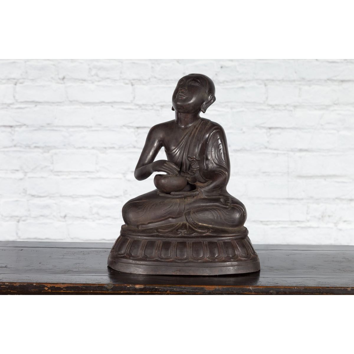 Bronze Lost Wax Sculpture Depicting a Praying Buddhist Monk with Offering Bowl-3. Asian & Chinese Furniture, Art, Antiques, Vintage Home Décor for sale at FEA Home