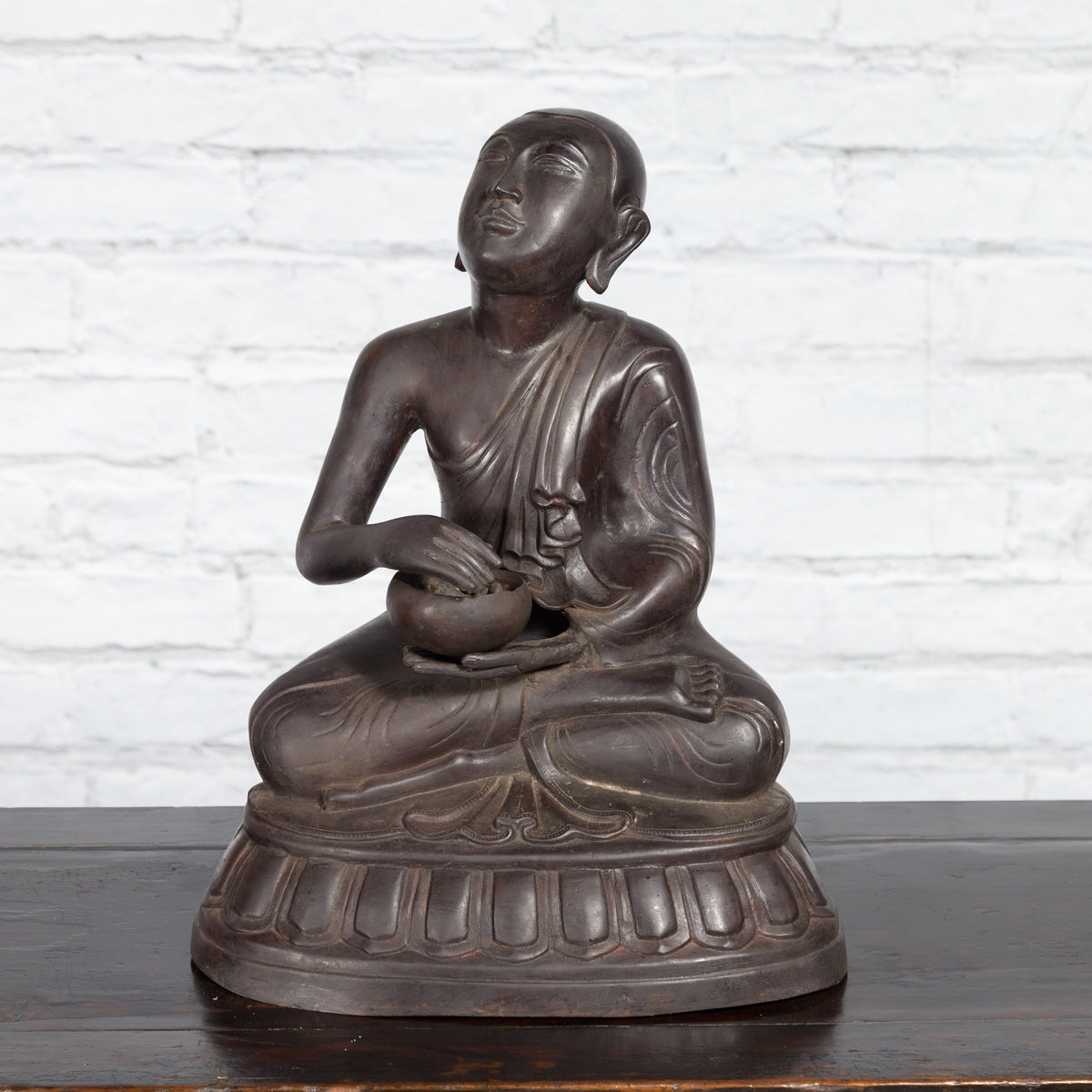 Bronze Lost Wax Sculpture Depicting a Praying Buddhist Monk with Offering Bowl-4. Asian & Chinese Furniture, Art, Antiques, Vintage Home Décor for sale at FEA Home