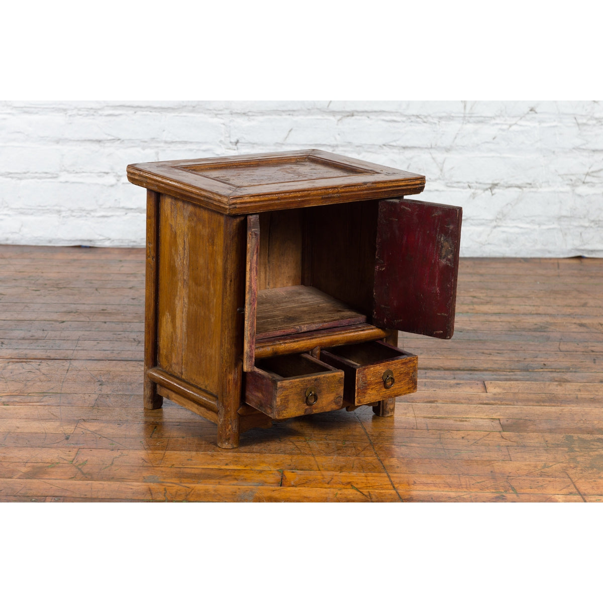 Chinese Early 20th Century Elmwood Bedside Cabinet with Weathered Patina-5. Asian & Chinese Furniture, Art, Antiques, Vintage Home Décor for sale at FEA Home