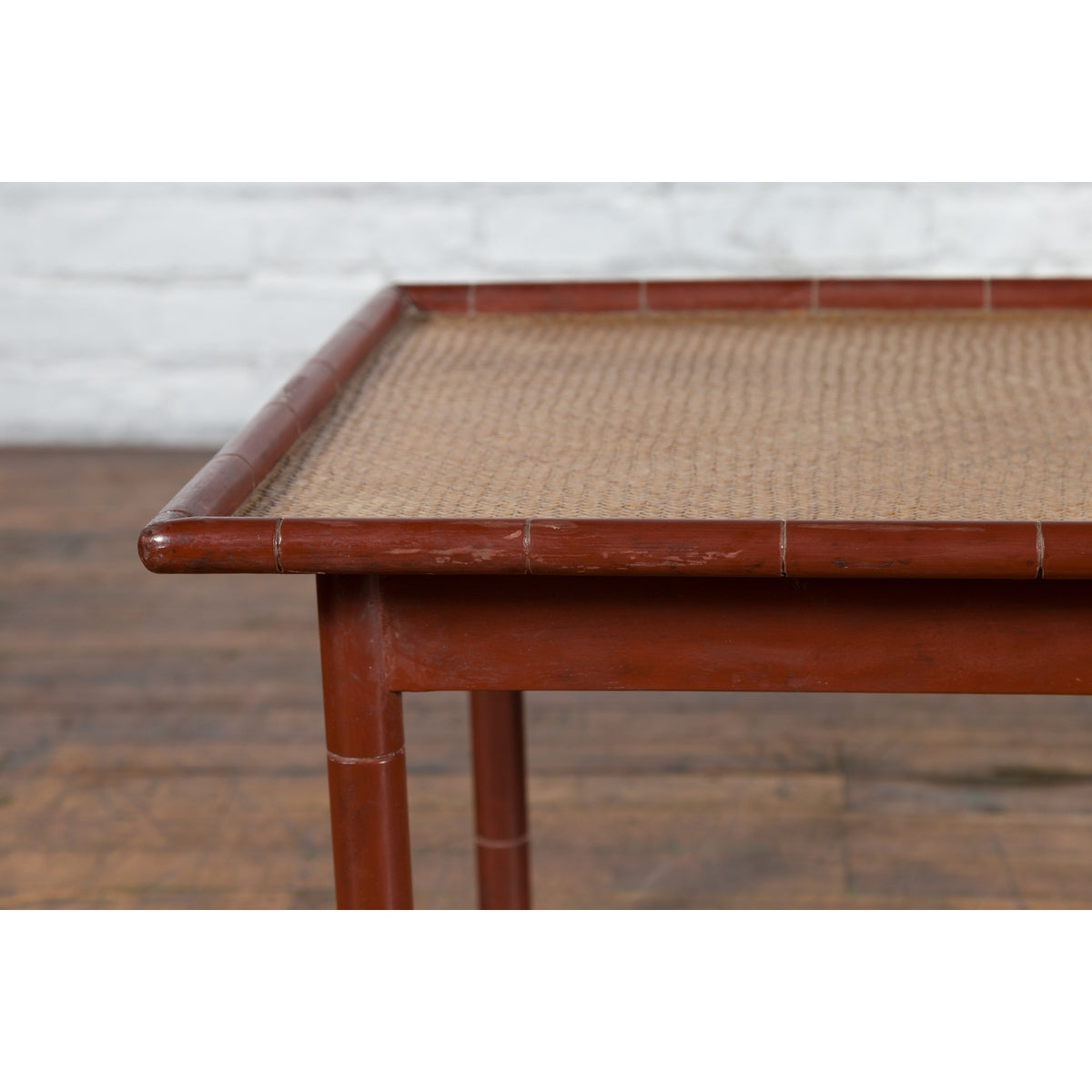 Vintage Thai Red Lacquered Faux Bamboo Coffee Table with Woven Rattan Top-9. Asian & Chinese Furniture, Art, Antiques, Vintage Home Décor for sale at FEA Home