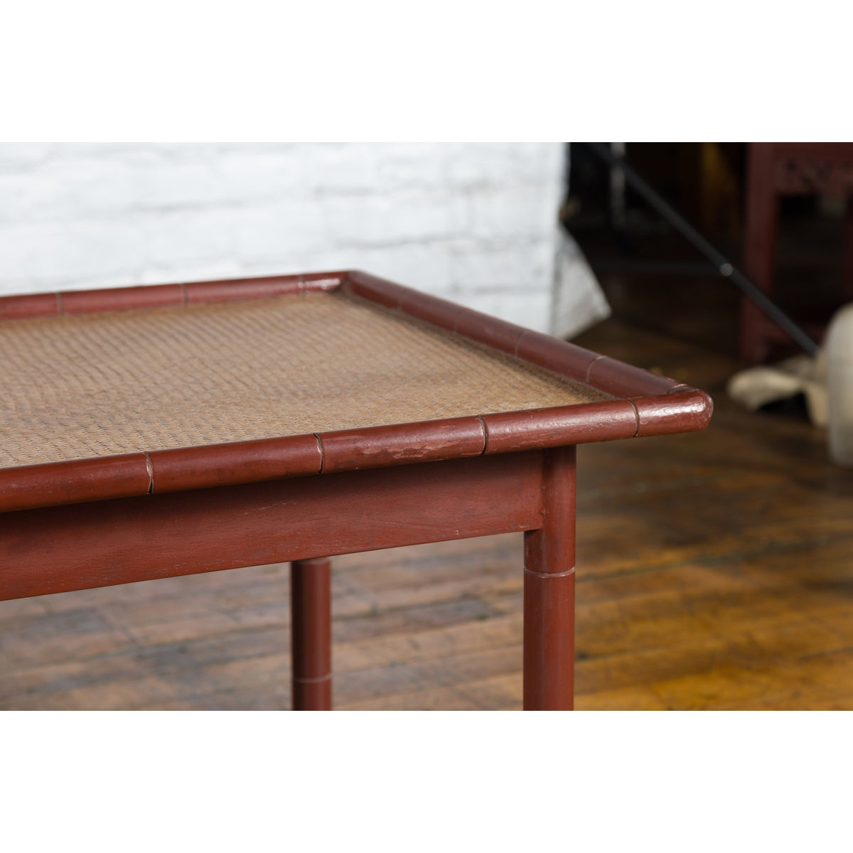 Vintage Thai Red Lacquered Faux Bamboo Coffee Table with Woven Rattan Top-10. Asian & Chinese Furniture, Art, Antiques, Vintage Home Décor for sale at FEA Home