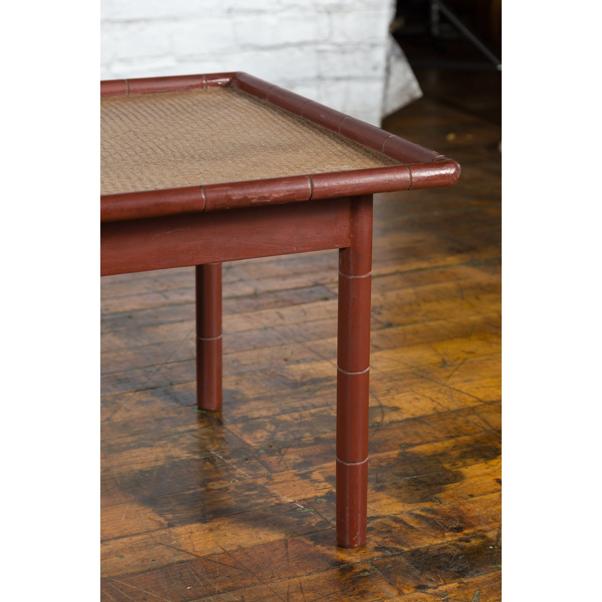 Vintage Thai Red Lacquered Faux Bamboo Coffee Table with Woven Rattan Top-12. Asian & Chinese Furniture, Art, Antiques, Vintage Home Décor for sale at FEA Home