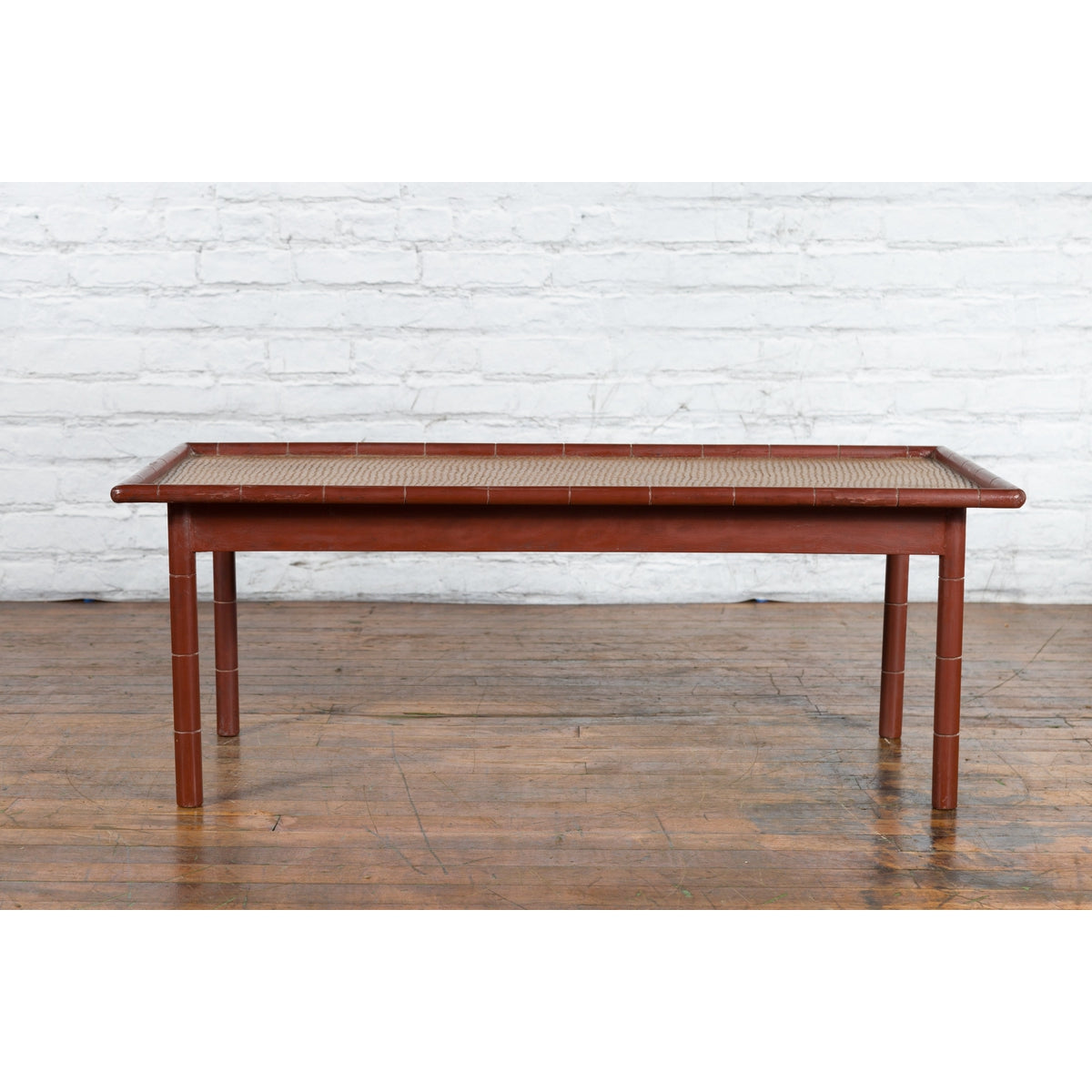 Vintage Thai Red Lacquered Faux Bamboo Coffee Table with Woven Rattan Top-13. Asian & Chinese Furniture, Art, Antiques, Vintage Home Décor for sale at FEA Home