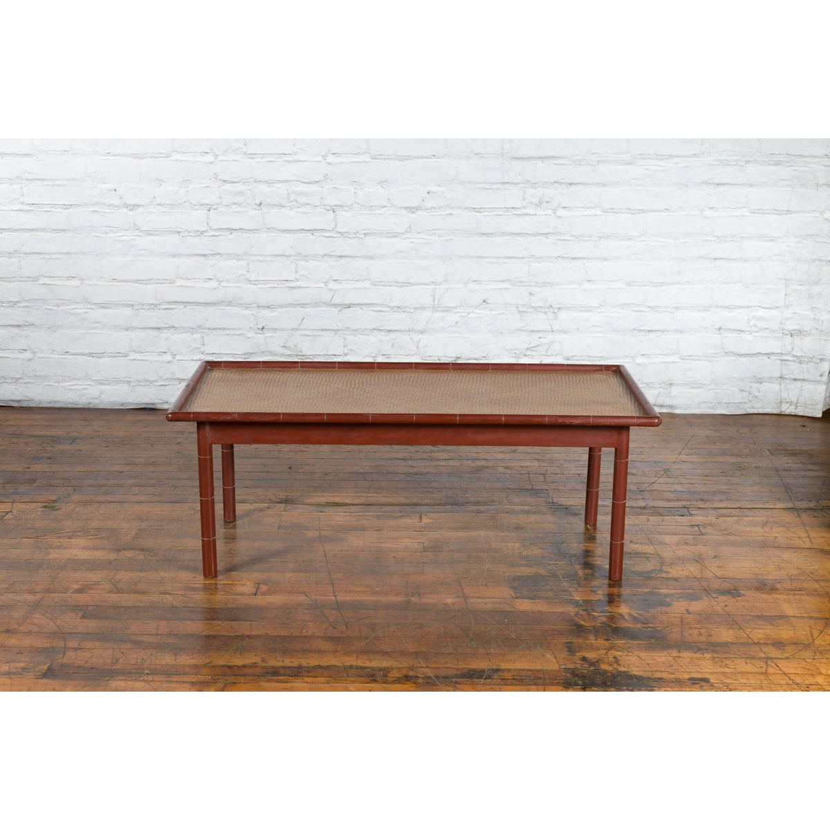 Vintage Thai Red Lacquered Faux Bamboo Coffee Table with Woven Rattan Top-4. Asian & Chinese Furniture, Art, Antiques, Vintage Home Décor for sale at FEA Home