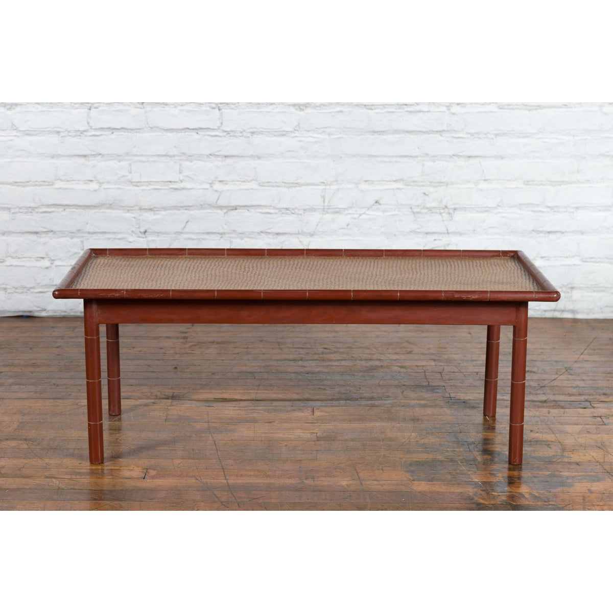 Vintage Thai Red Lacquered Faux Bamboo Coffee Table with Woven Rattan Top-6. Asian & Chinese Furniture, Art, Antiques, Vintage Home Décor for sale at FEA Home