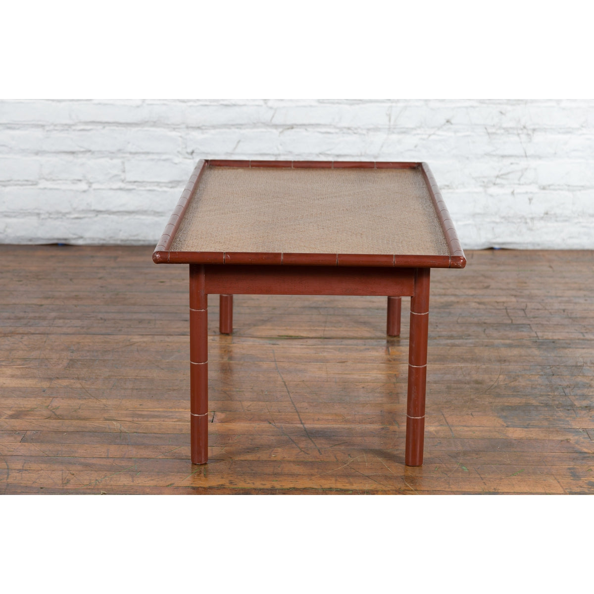 Vintage Thai Red Lacquered Faux Bamboo Coffee Table with Woven Rattan Top-8. Asian & Chinese Furniture, Art, Antiques, Vintage Home Décor for sale at FEA Home
