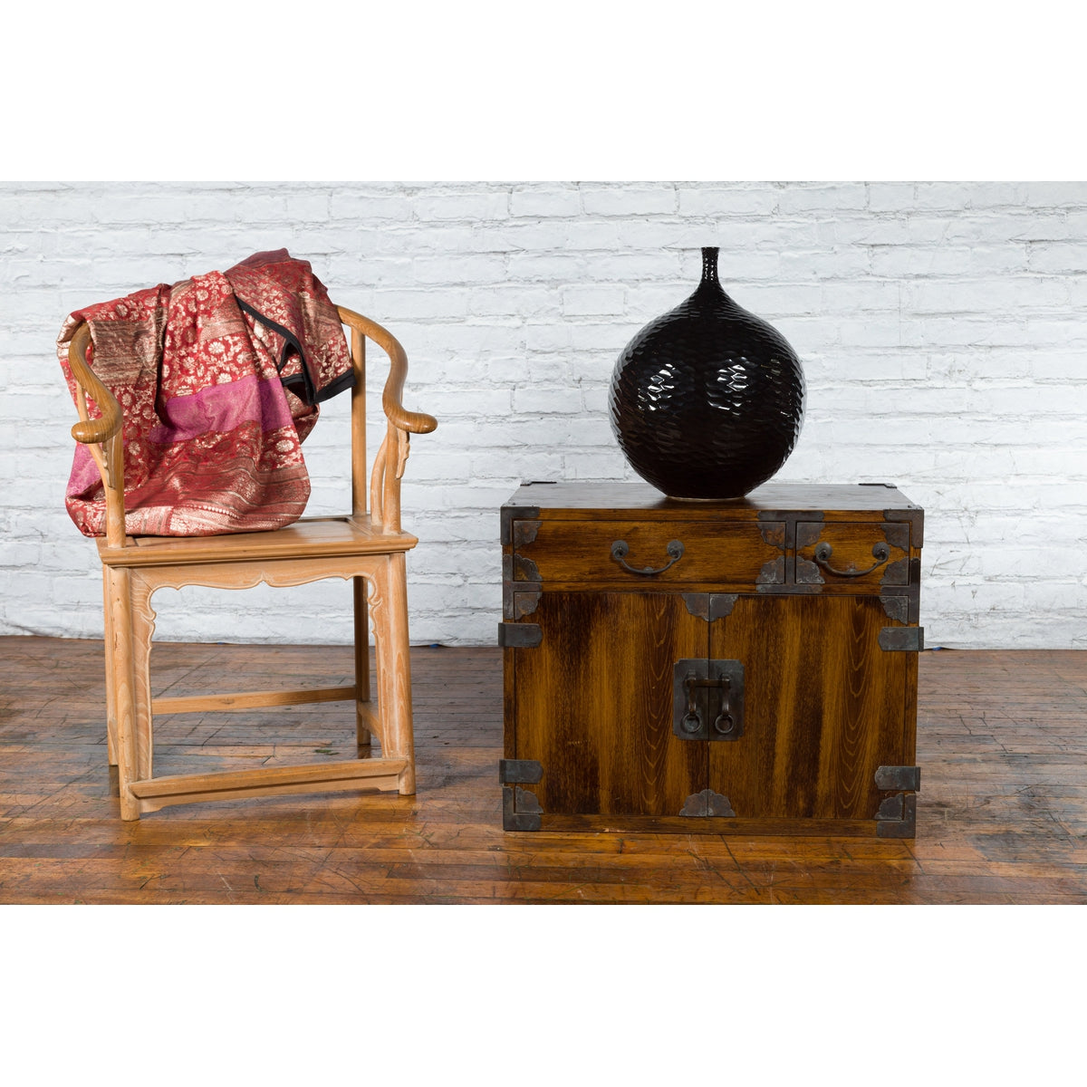 Korean 19th Century Brown Wood Side Cabinet with Black Iron Hardware-3. Asian & Chinese Furniture, Art, Antiques, Vintage Home Décor for sale at FEA Home