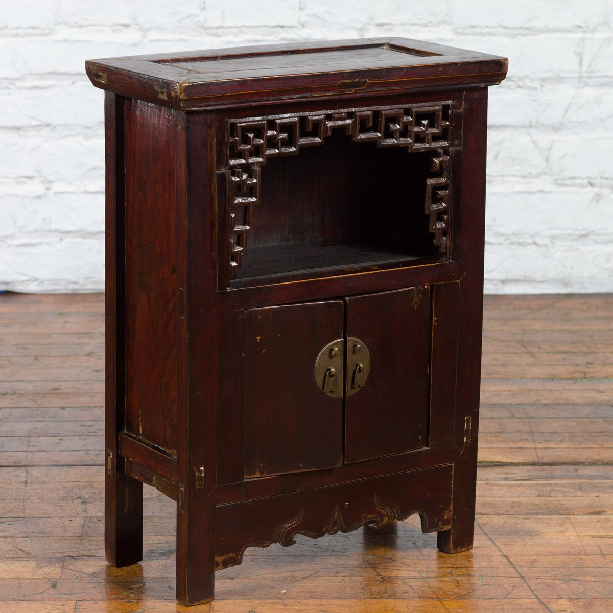 Chinese Qing Dynasty 19th Century Side Cabinet with Fretwork Shelf and Doors-3. Asian & Chinese Furniture, Art, Antiques, Vintage Home Décor for sale at FEA Home