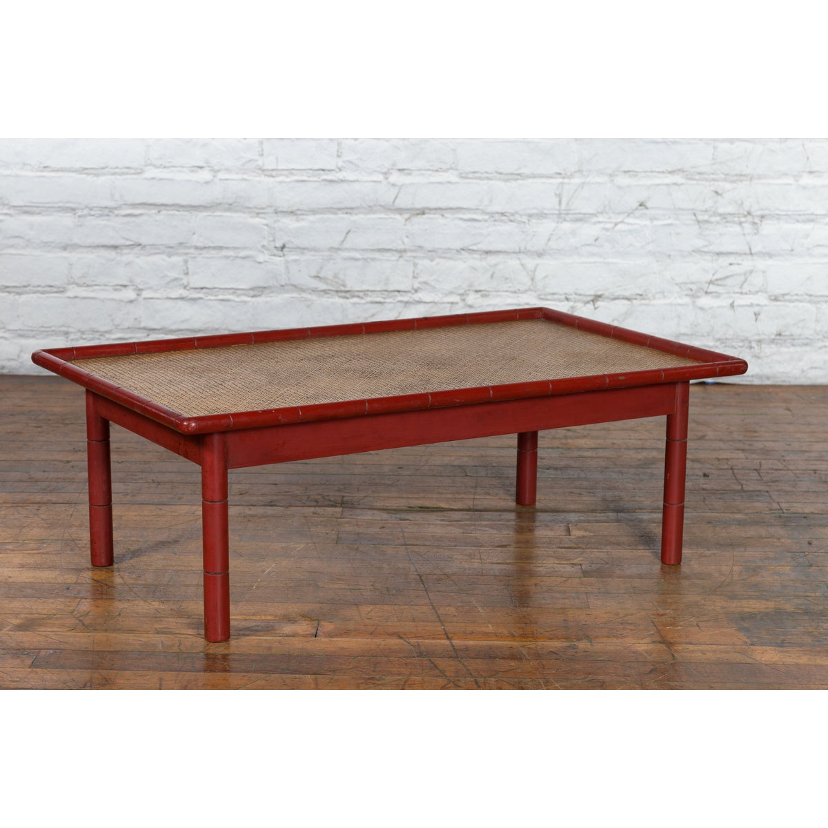 Vintage Burmese Red Lacquered Faux Bamboo Coffee Table with Woven Rattan Top-11. Asian & Chinese Furniture, Art, Antiques, Vintage Home Décor for sale at FEA Home