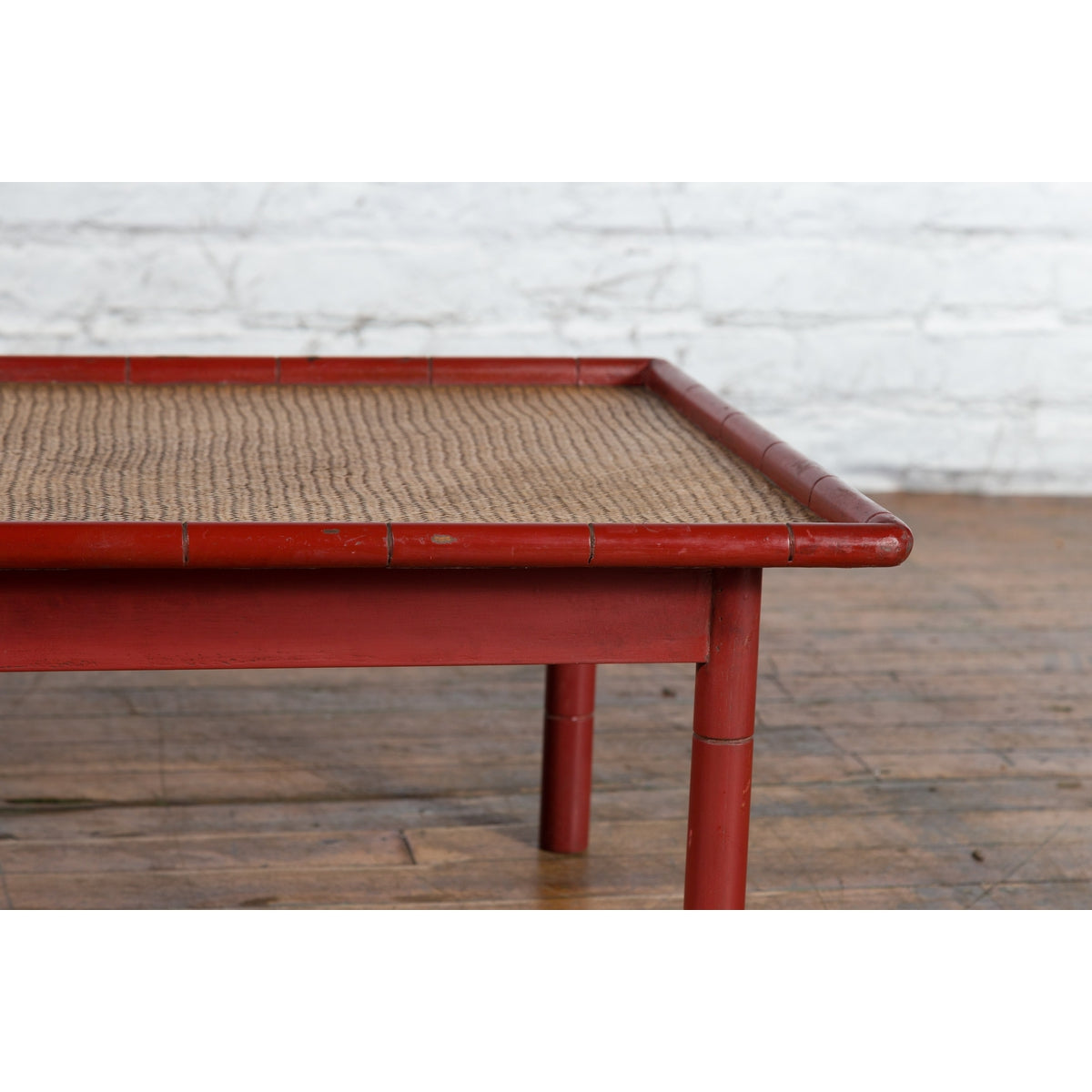 Vintage Burmese Red Lacquered Faux Bamboo Coffee Table with Woven Rattan Top-6. Asian & Chinese Furniture, Art, Antiques, Vintage Home Décor for sale at FEA Home