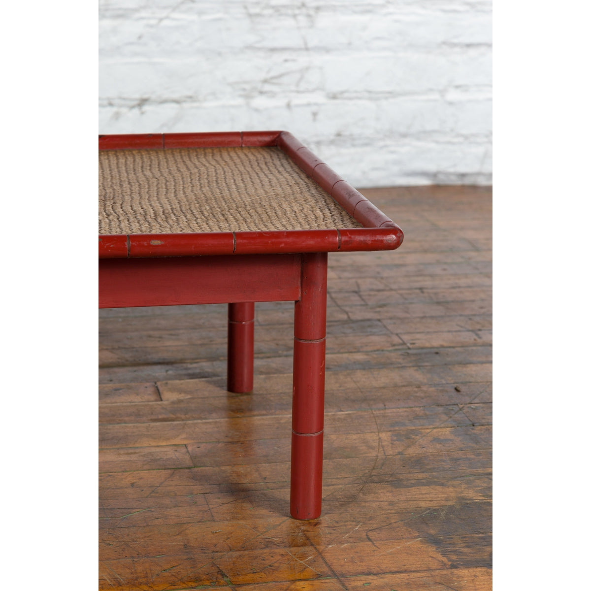 Vintage Burmese Red Lacquered Faux Bamboo Coffee Table with Woven Rattan Top-8. Asian & Chinese Furniture, Art, Antiques, Vintage Home Décor for sale at FEA Home