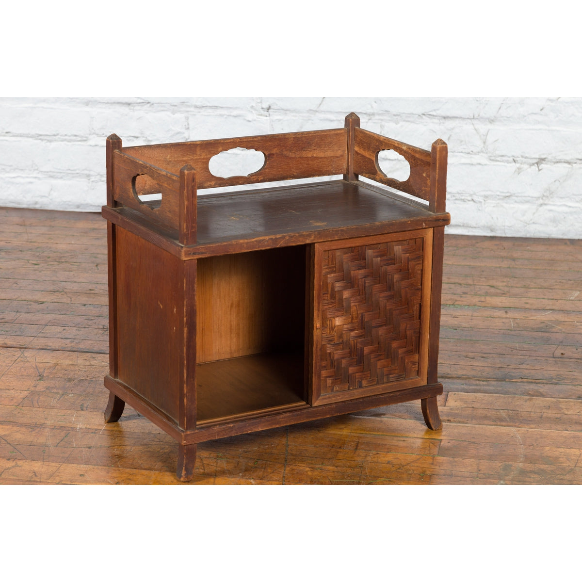 Javanese Vintage Side Cabinet with Latticed Bamboo Sliding Doors and Gallery-5. Asian & Chinese Furniture, Art, Antiques, Vintage Home Décor for sale at FEA Home