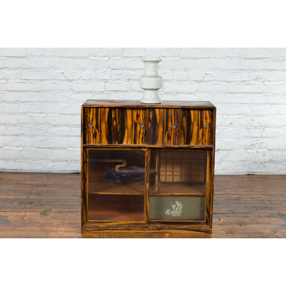 Japanese 19th Century Zebra Wood Tansu Chest with Sliding Doors and Open Shelves-13. Asian & Chinese Furniture, Art, Antiques, Vintage Home Décor for sale at FEA Home