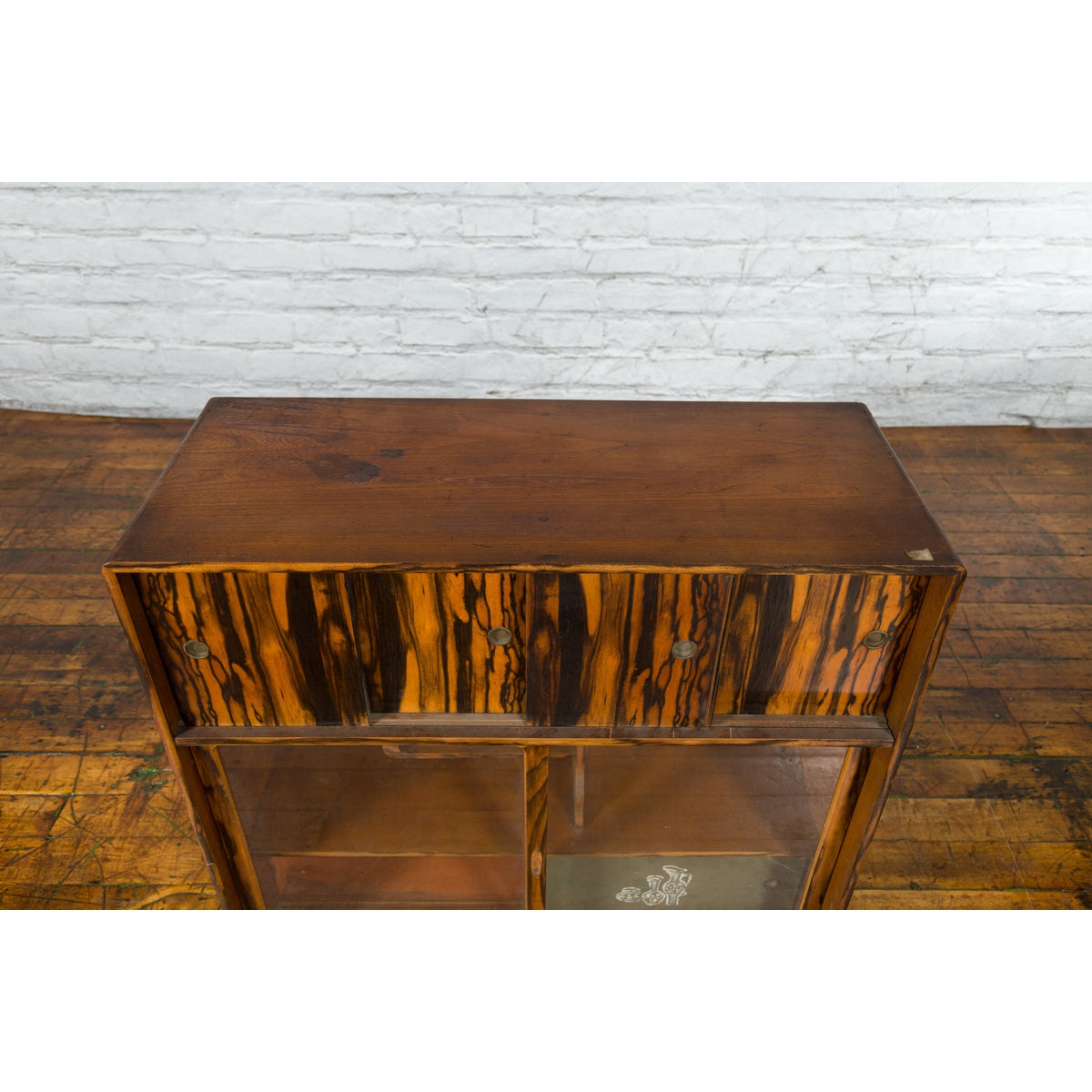 Japanese 19th Century Zebra Wood Tansu Chest with Sliding Doors and Open Shelves-14. Asian & Chinese Furniture, Art, Antiques, Vintage Home Décor for sale at FEA Home