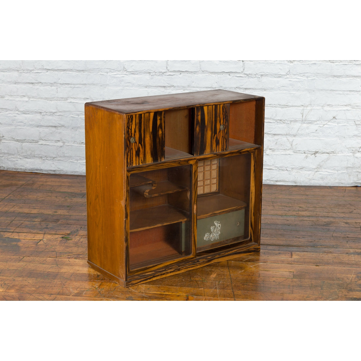 Japanese 19th Century Zebra Wood Tansu Chest with Sliding Doors and Open Shelves-3. Asian & Chinese Furniture, Art, Antiques, Vintage Home Décor for sale at FEA Home