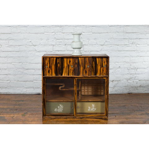 Japanese 19th Century Zebra Wood Tansu Chest with Sliding Doors and Open Shelves-YN5419-2. Asian & Chinese Furniture, Art, Antiques, Vintage Home Décor for sale at FEA Home