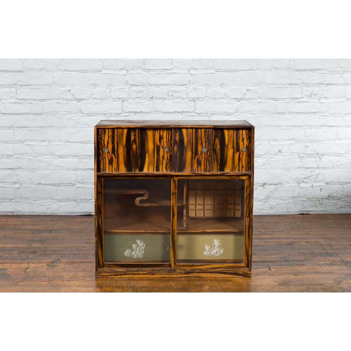 Japanese 19th Century Zebra Wood Tansu Chest with Sliding Doors and Open Shelves-4. Asian & Chinese Furniture, Art, Antiques, Vintage Home Décor for sale at FEA Home