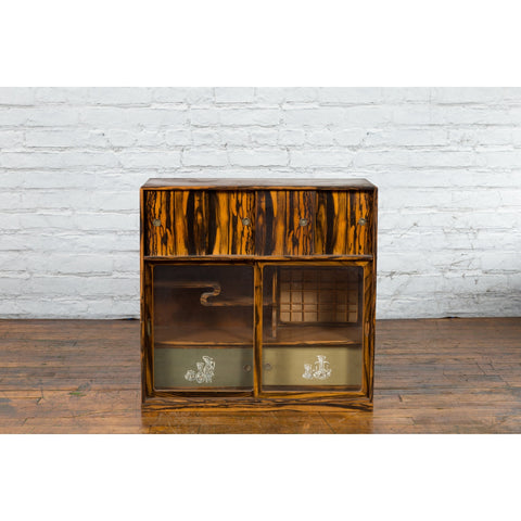 Japanese 19th Century Zebra Wood Tansu Chest with Sliding Doors and Open Shelves-YN5419-4. Asian & Chinese Furniture, Art, Antiques, Vintage Home Décor for sale at FEA Home