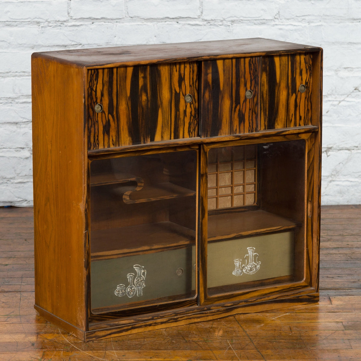 Japanese 19th Century Zebra Wood Tansu Chest with Sliding Doors and Open Shelves-5. Asian & Chinese Furniture, Art, Antiques, Vintage Home Décor for sale at FEA Home