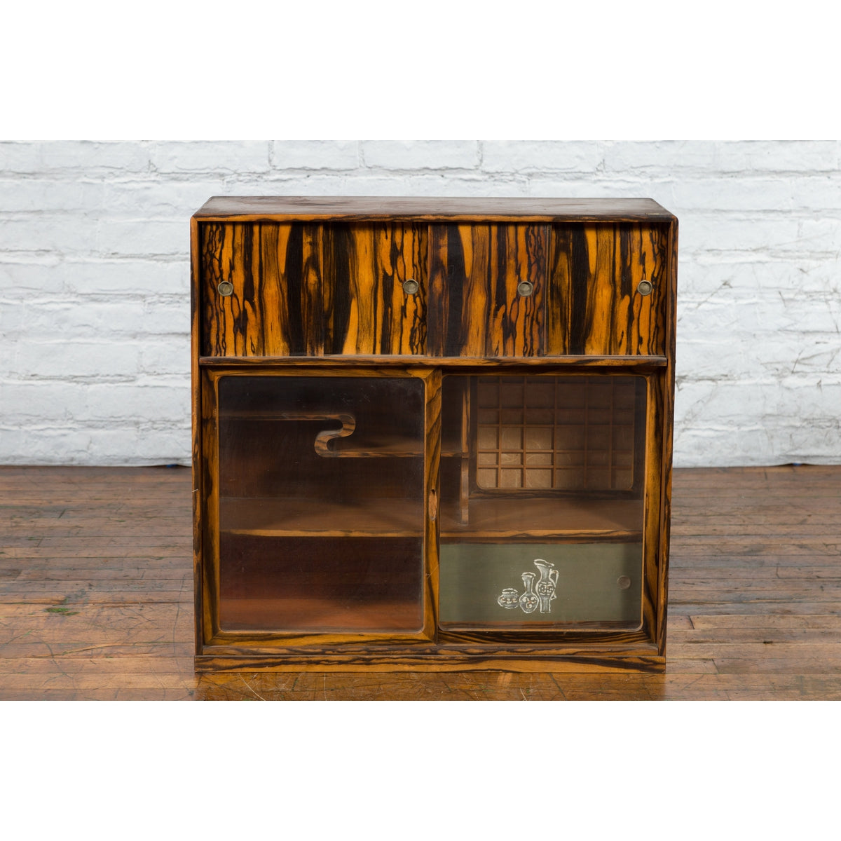Japanese 19th Century Zebra Wood Tansu Chest with Sliding Doors and Open Shelves-8. Asian & Chinese Furniture, Art, Antiques, Vintage Home Décor for sale at FEA Home