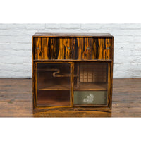 Japanese 19th Century Zebra Wood Tansu Chest with Sliding Doors and Open Shelves