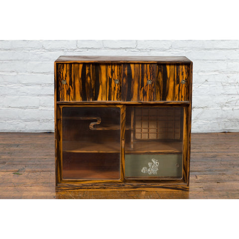 Japanese 19th Century Zebra Wood Tansu Chest with Sliding Doors and Open Shelves-YN5419-8. Asian & Chinese Furniture, Art, Antiques, Vintage Home Décor for sale at FEA Home