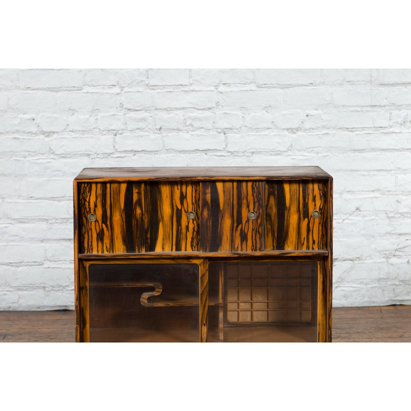 Japanese 19th Century Zebra Wood Tansu Chest with Sliding Doors and Open Shelves-YN5419-9. Asian & Chinese Furniture, Art, Antiques, Vintage Home Décor for sale at FEA Home