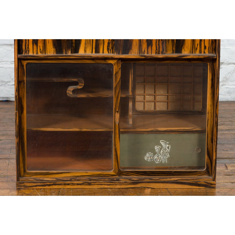 Japanese 19th Century Zebra Wood Tansu Chest with Sliding Doors and Open Shelves-YN5419-10. Asian & Chinese Furniture, Art, Antiques, Vintage Home Décor for sale at FEA Home