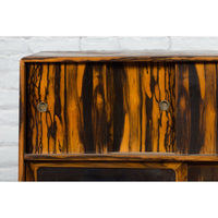 Japanese 19th Century Zebra Wood Tansu Chest with Sliding Doors and Open Shelves