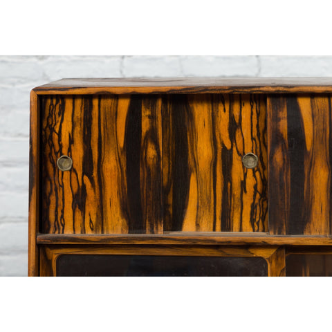 Japanese 19th Century Zebra Wood Tansu Chest with Sliding Doors and Open Shelves-YN5419-16. Asian & Chinese Furniture, Art, Antiques, Vintage Home Décor for sale at FEA Home