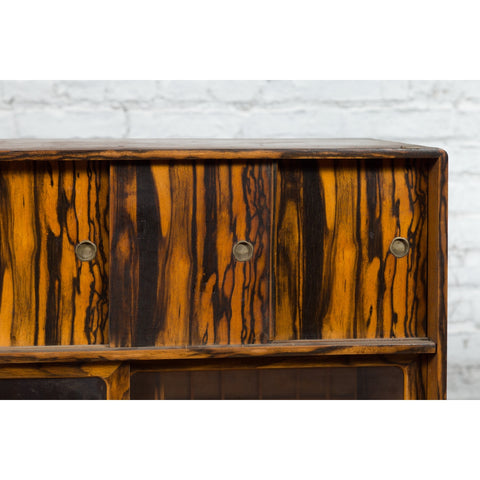Japanese 19th Century Zebra Wood Tansu Chest with Sliding Doors and Open Shelves-YN5419-15. Asian & Chinese Furniture, Art, Antiques, Vintage Home Décor for sale at FEA Home