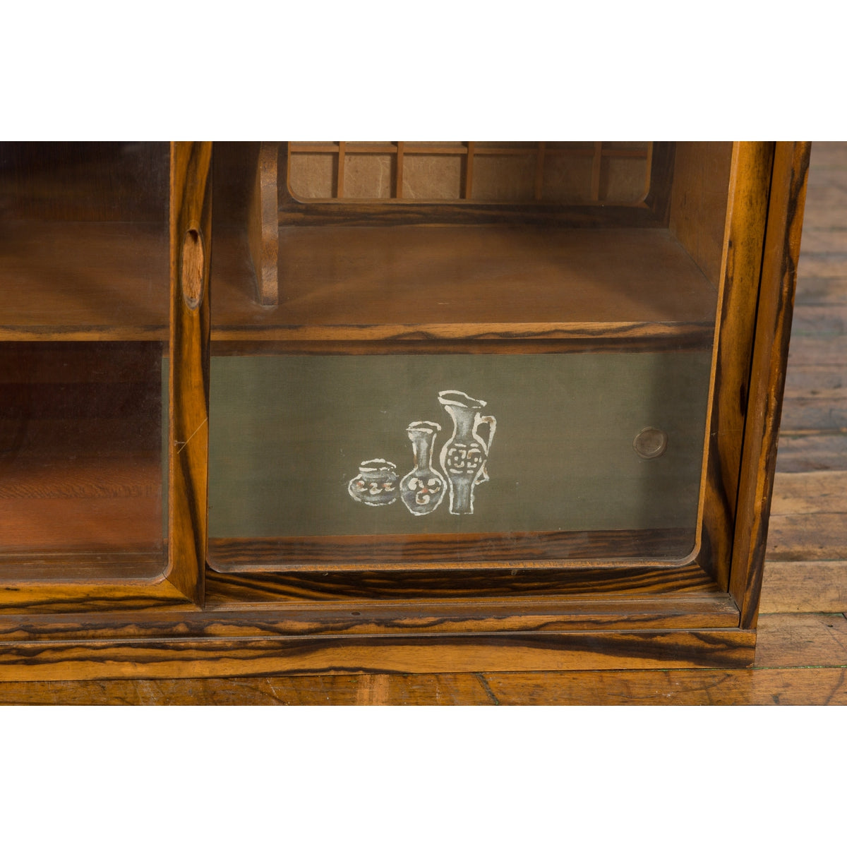 Japanese 19th Century Zebra Wood Tansu Chest with Sliding Doors and Open Shelves-12. Asian & Chinese Furniture, Art, Antiques, Vintage Home Décor for sale at FEA Home