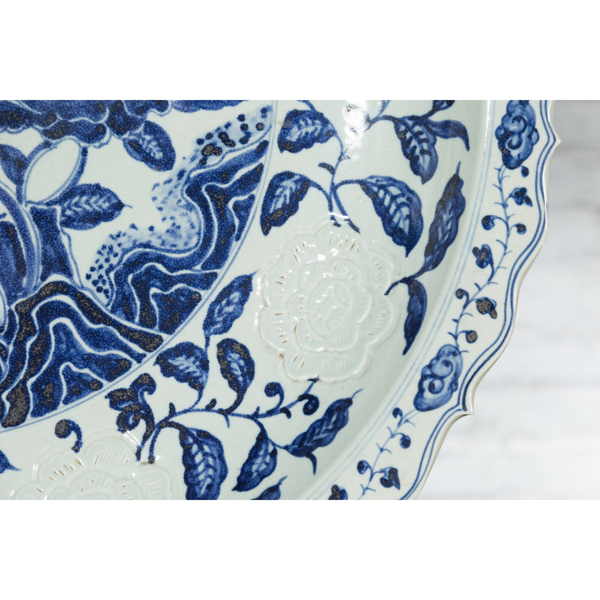 Large Chinese Porcelain Charger Plate with Hand-Painted Blue and White Décor-13. Asian & Chinese Furniture, Art, Antiques, Vintage Home Décor for sale at FEA Home