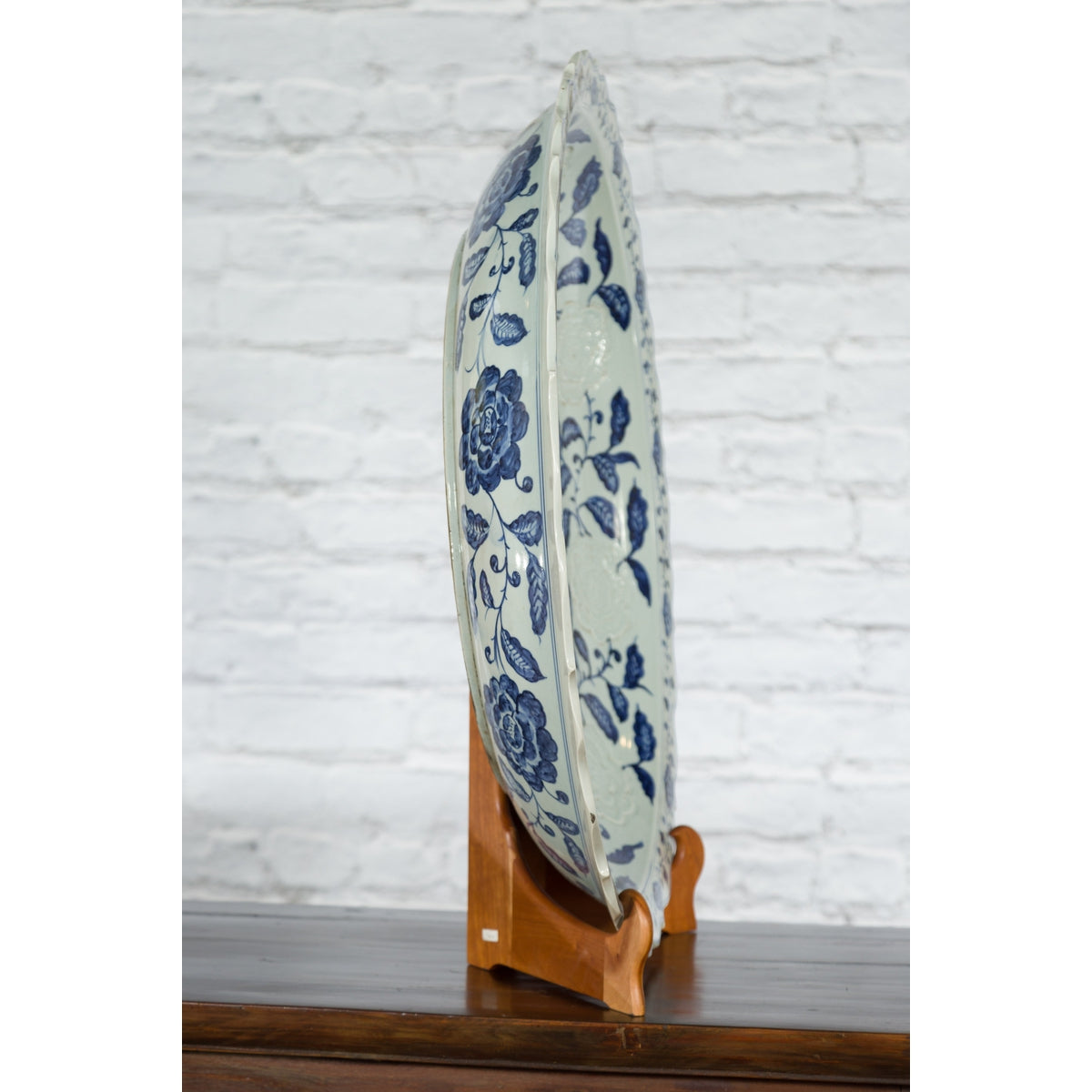 Large Chinese Porcelain Charger Plate with Hand-Painted Blue and White Décor-4. Asian & Chinese Furniture, Art, Antiques, Vintage Home Décor for sale at FEA Home
