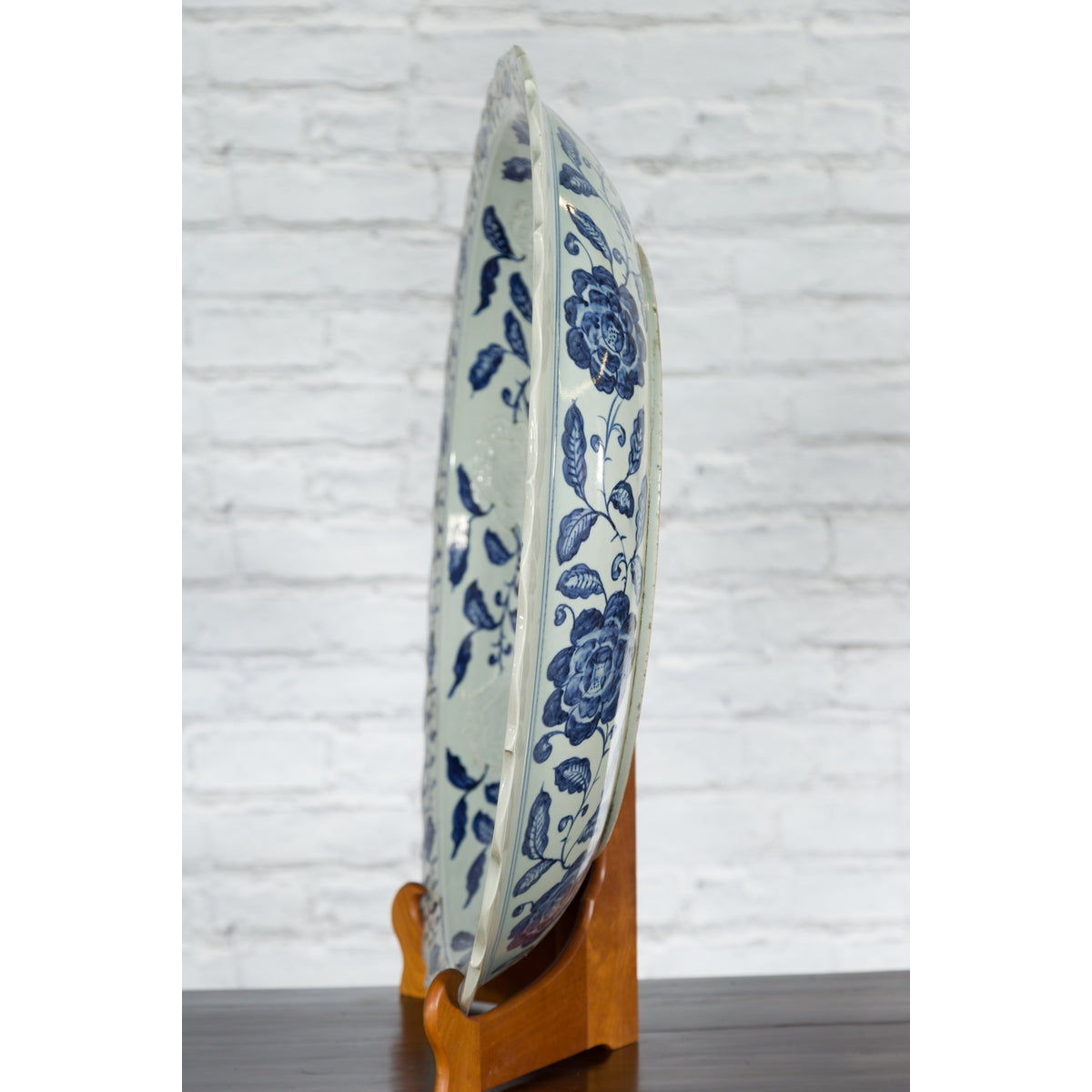 Large Chinese Porcelain Charger Plate with Hand-Painted Blue and White Décor-5. Asian & Chinese Furniture, Art, Antiques, Vintage Home Décor for sale at FEA Home