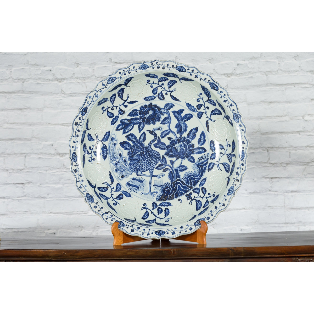 Large Chinese Porcelain Charger Plate with Hand-Painted Blue and White Décor-3. Asian & Chinese Furniture, Art, Antiques, Vintage Home Décor for sale at FEA Home