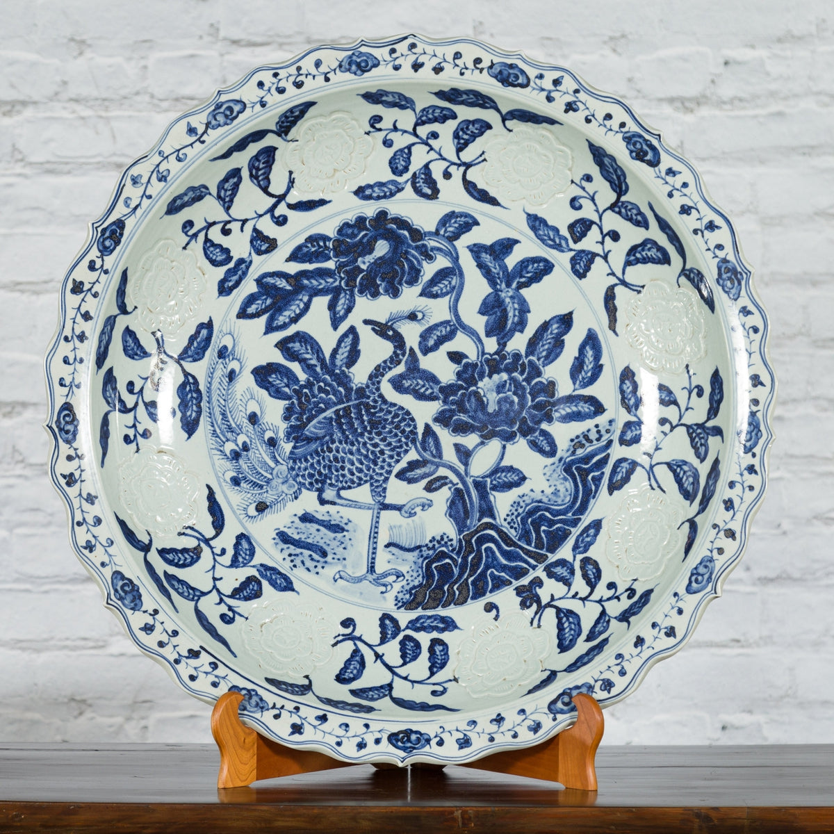 Large Chinese Porcelain Charger Plate with Hand-Painted Blue and White Décor-2. Asian & Chinese Furniture, Art, Antiques, Vintage Home Décor for sale at FEA Home